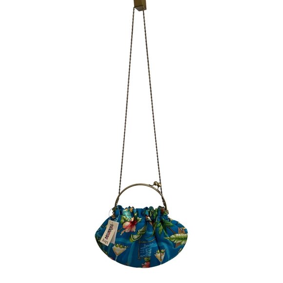 Morrie Bags Handbags - Morrieg Tropical Print Metal Frame Chain Strap Blue Floral Cocktail Design Bag
